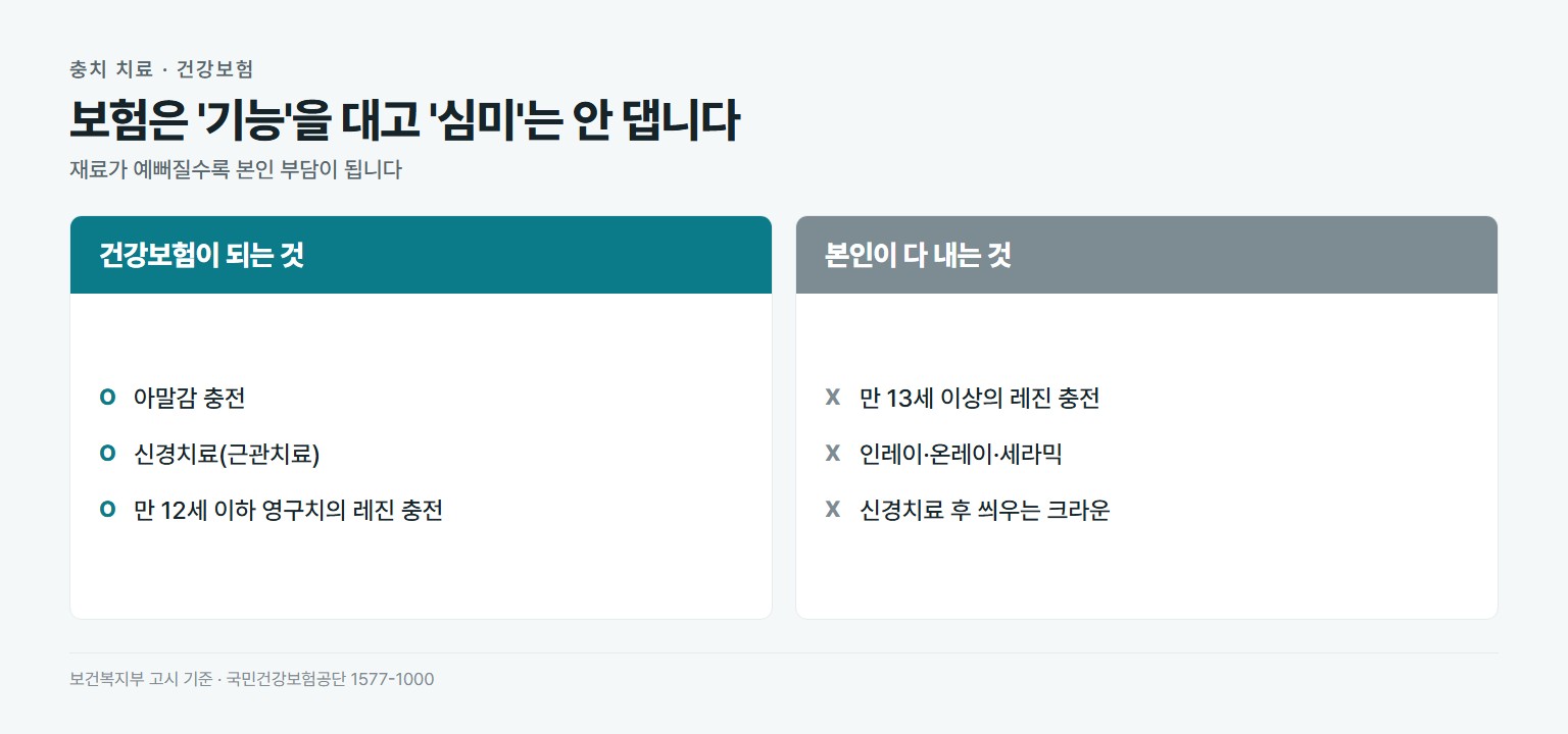 충치 치료 건강보험 적용 비교. 급여는 아말감 충전, 신경치료, 만 12세 이하 영구치의 레진 충전. 비급여는 만 13세 이상의 레진 충전, 인레이와 세라믹, 신경치료 후 크라운