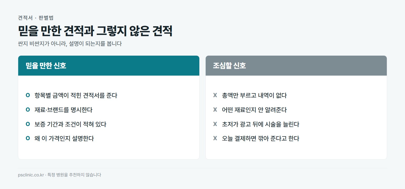 치과 견적 판별 비교. 믿을 만한 신호는 항목별 금액이 적힌 견적서, 재료와 브랜드 명시, 보증 기간과 조건 명시, 가격 근거 설명. 조심할 신호는 총액만 부르는 견적, 재료를 안 알려줌, 초저가 광고 뒤 추가 시술 권유, 당일 결제 압박