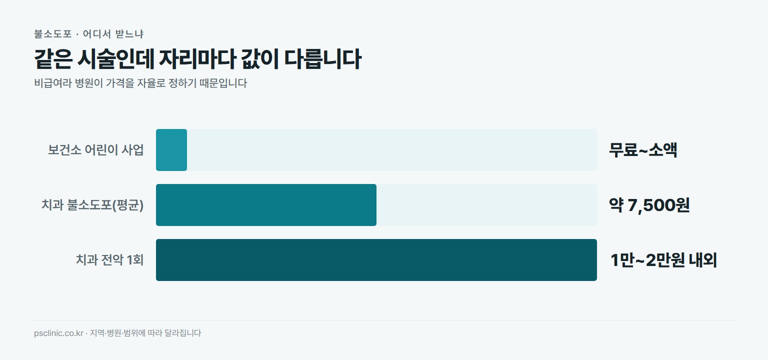 불소도포 비용 비교. 보건소 어린이 불소도포 사업은 무료에서 소액, 치과 불소도포 평균 약 7500원, 치과 전악 1회는 약 1만~2만원 내외