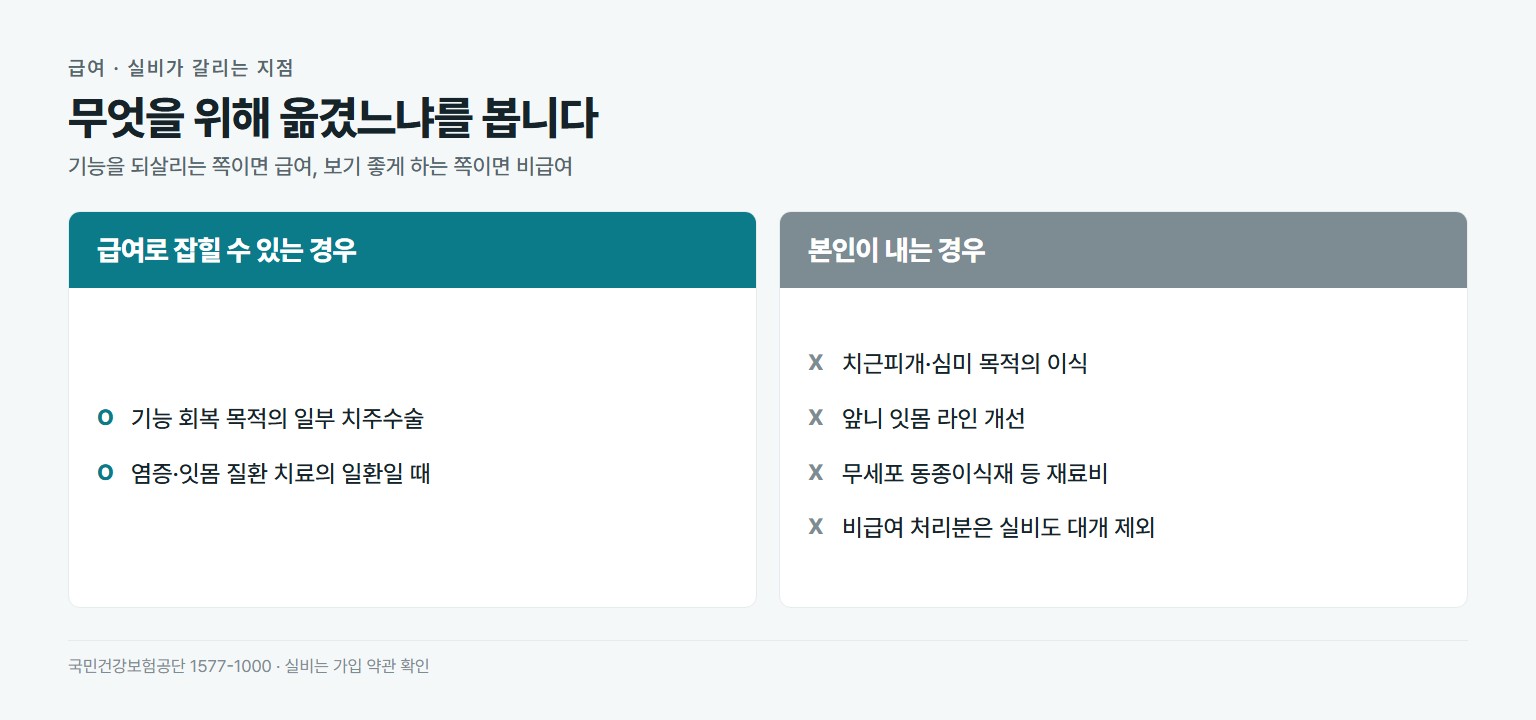 잇몸이식 보험 적용 비교. 급여로 잡힐 수 있는 경우는 기능 회복 목적의 일부 치주수술, 염증과 잇몸 질환 치료의 일환. 본인 부담인 경우는 치근피개와 심미 목적의 이식, 앞니 잇몸 라인 개선, 무세포 동종이식재 같은 재료비
