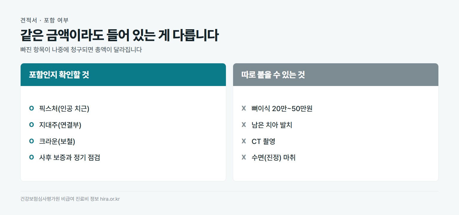 어금니 임플란트 견적 확인. 포함인지 봐야 할 것은 픽스처, 지대주, 크라운 보철, 사후 보증. 별도로 붙을 수 있는 것은 뼈이식 20만~50만원, 발치, CT 촬영, 수면마취