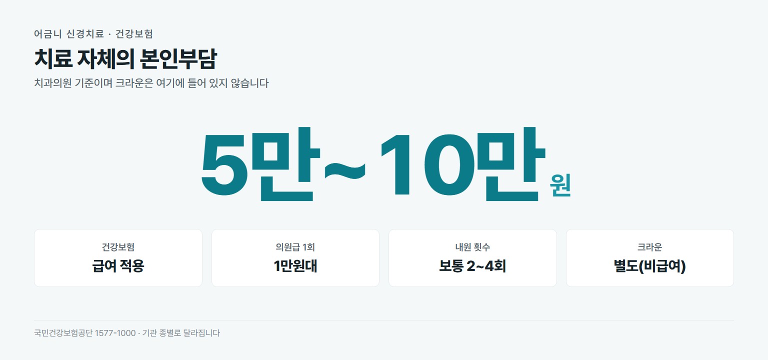 어금니 신경치료 건강보험 본인부담 약 5만~10만원. 건강보험 급여, 의원급 1회 1만원대, 보통 2~4회 내원, 크라운은 별도
