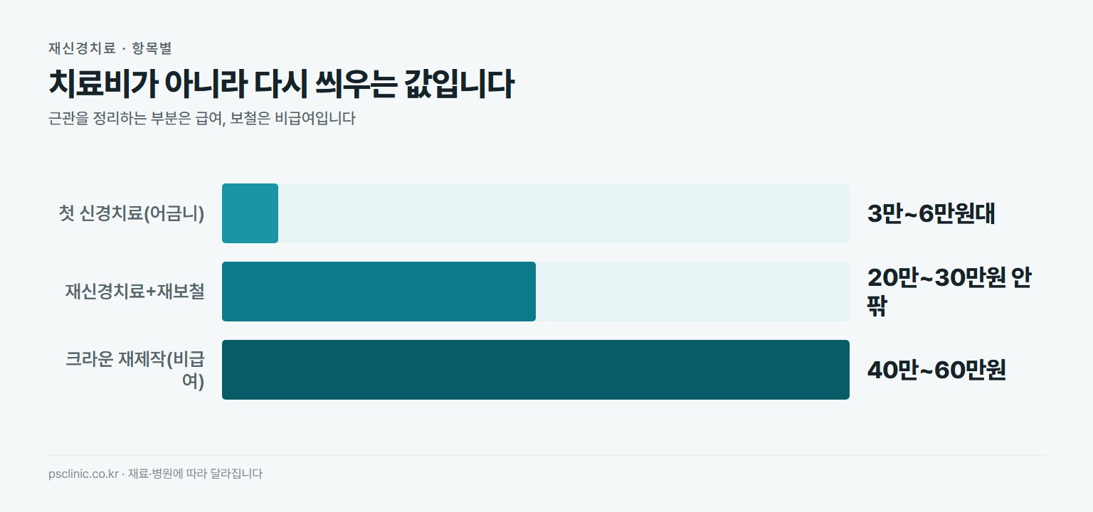 재신경치료 관련 비용 비교. 첫 신경치료 어금니 총 3만~6만원대 급여, 재신경치료와 재보철 포함 20만~30만원 안팎, 크라운 재제작 지르코니아 40만~60만원 비급여