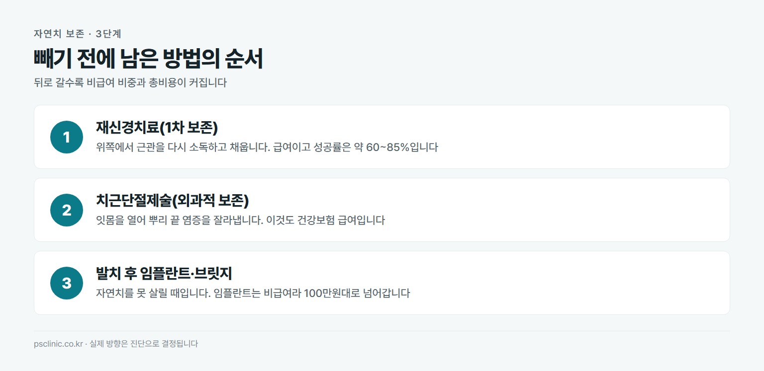 재발한 신경치료의 치료 순서. 재신경치료로 자연치 보존 시도, 안 되면 치근단절제술로 외과적 보존, 그래도 안 되면 발치 후 임플란트나 브릿지