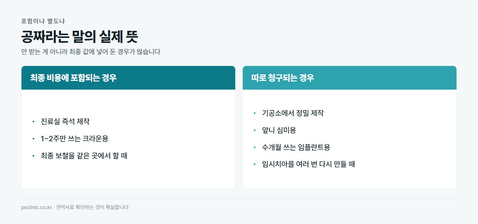 임시치아 비용 청구 방식 비교. 최종 비용에 포함되는 경우는 크라운용 즉석 제작, 사용 기간이 1~2주로 짧을 때, 최종 보철을 같은 병원에서 할 때. 별도 청구되는 경우는 기공소 정밀 제작, 앞니 심미용, 임플란트용으로 수개월 사용, 임시치아를 여러 번 다시 만들 때