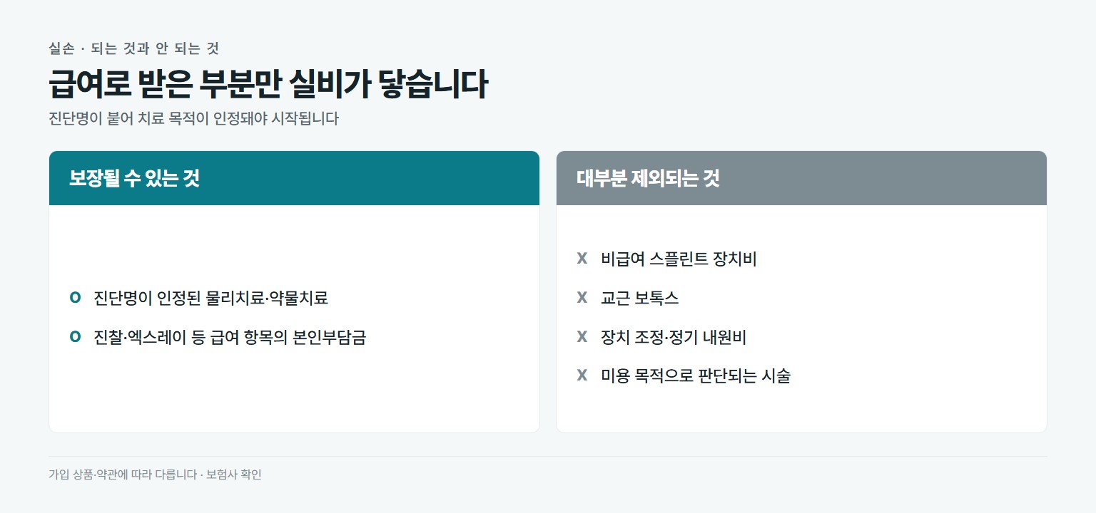 턱관절 치료 실손보험 적용 비교. 보장될 수 있는 것은 진단명이 인정된 물리치료와 약물치료의 본인부담금, 진찰과 엑스레이 같은 급여 항목. 대부분 제외되는 것은 비급여 스플린트 장치비, 교근 보톡스, 장치 조정비