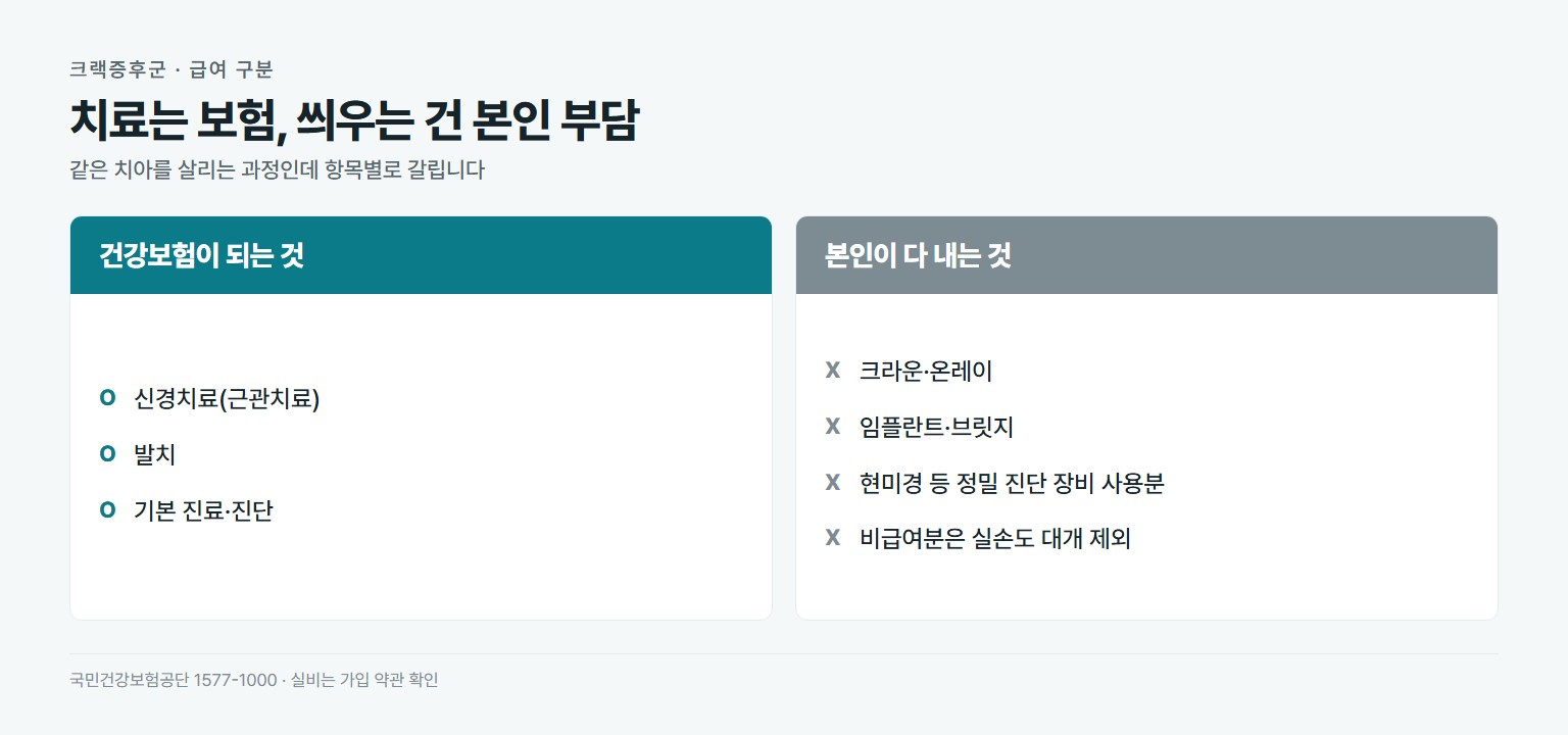 크랙증후군 치료 건강보험 적용 비교. 급여는 신경치료 근관치료, 발치, 기본 진료와 진단. 비급여는 크라운과 온레이, 임플란트와 브릿지, 정밀 진단 장비 사용분