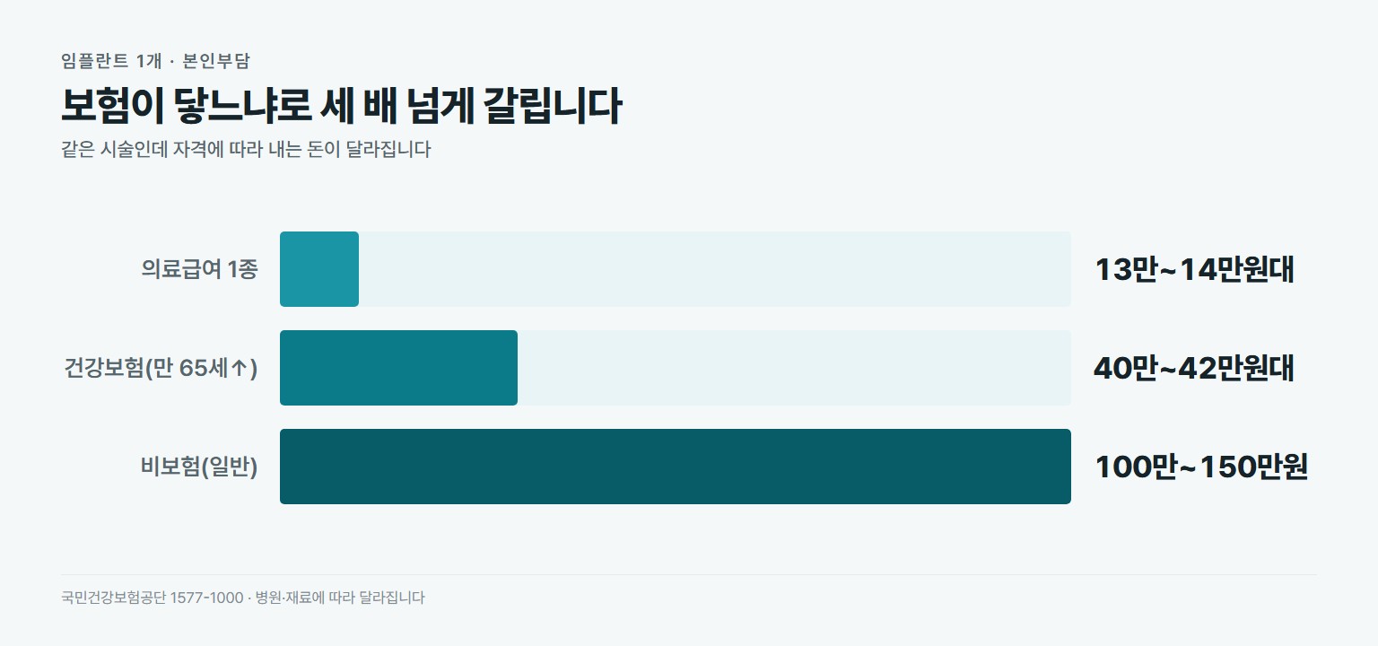 임플란트 1개 본인부담 비교. 의료급여 1종 약 13만~14만원대, 건강보험 만 65세 이상 약 40만~42만원대, 비보험 일반 약 100만~150만원
